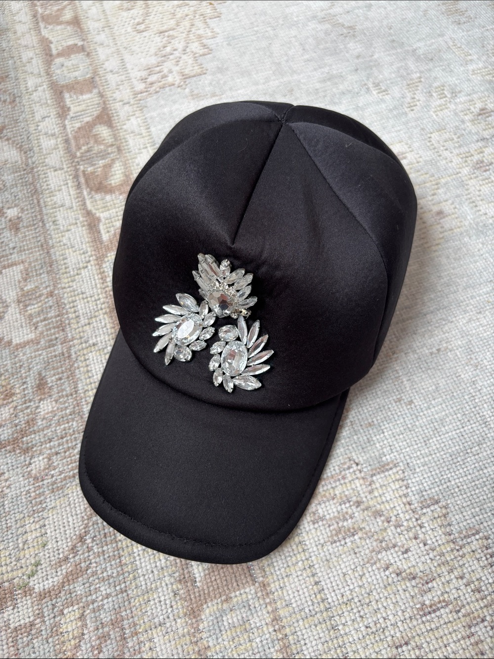 424 Fifth Black Satin Cap with Crystal Floral Appliqué